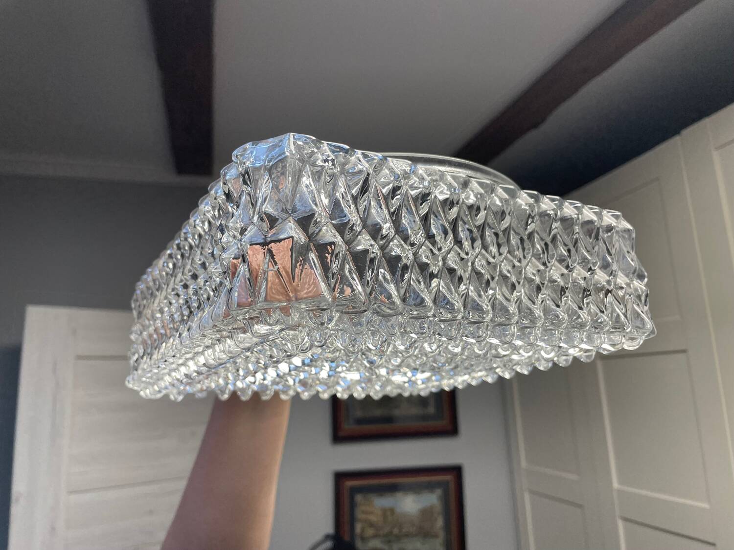 Vintage Flush Mount Square Glass Ceiling Lamp, Diamond Triangle Motif
