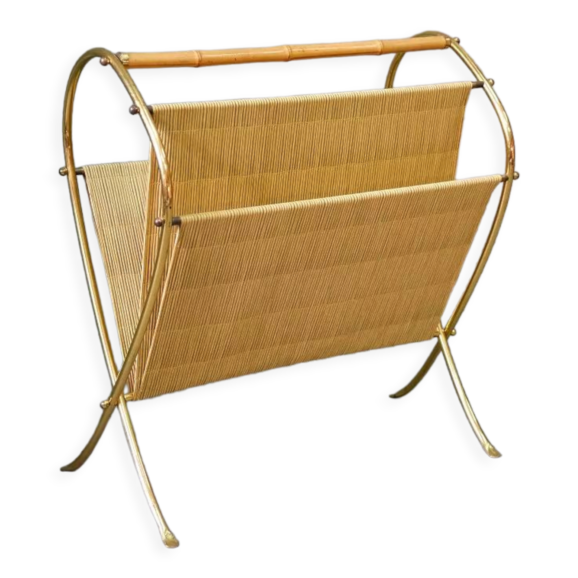 Mid-Century Modern Brass and Bamboo Magazine Rack, Austria 1950s
