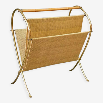 Mid-Century Modern Brass and Bamboo Magazine Rack, Austria 1950s