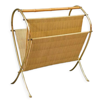 Mid-Century Modern Brass and Bamboo Magazine Rack, Austria 1950s