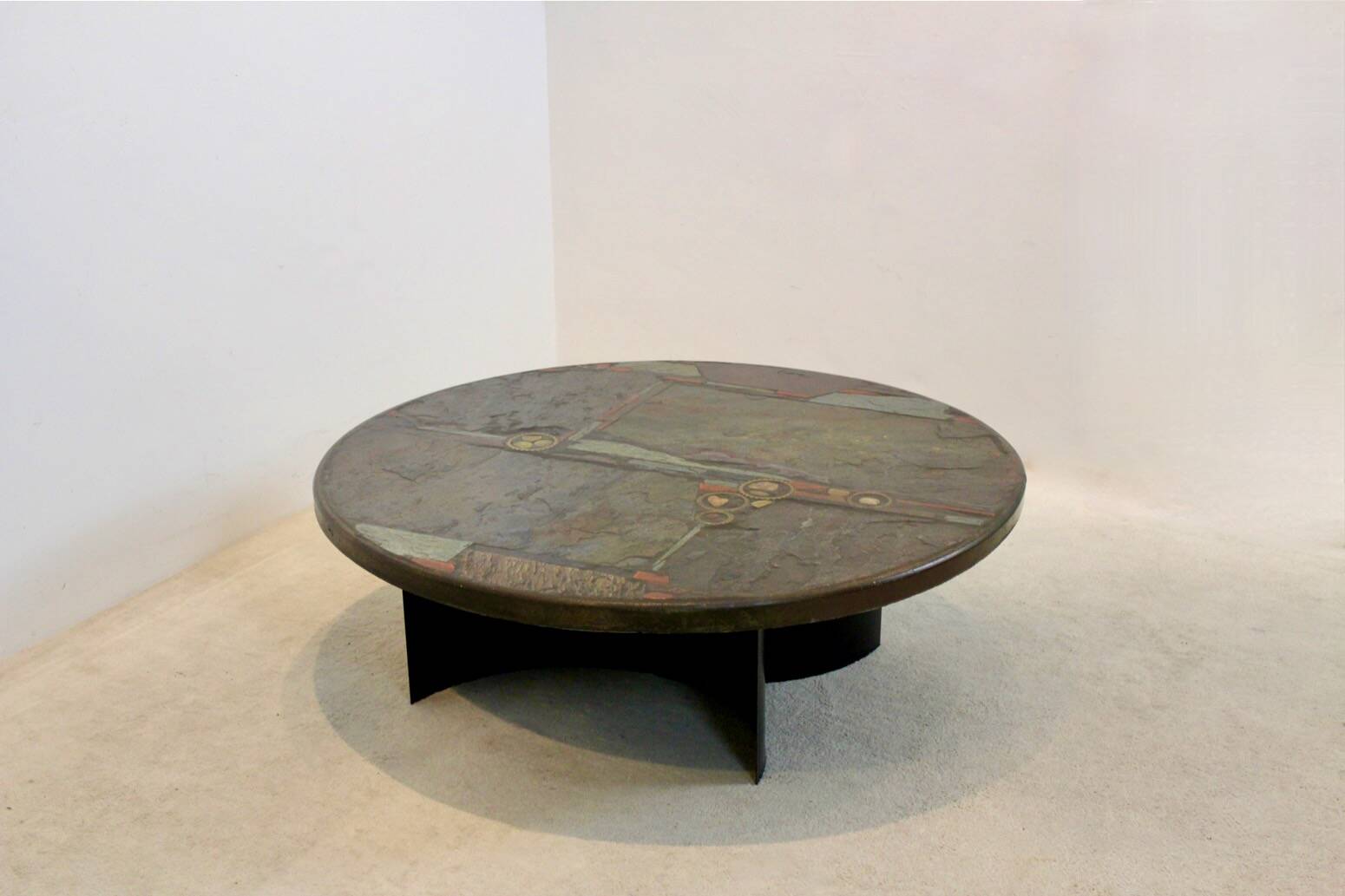 Brutalist Paul Kingma One-Off Slate, Ceramic and Brass Artwork Coffee Table, Signed