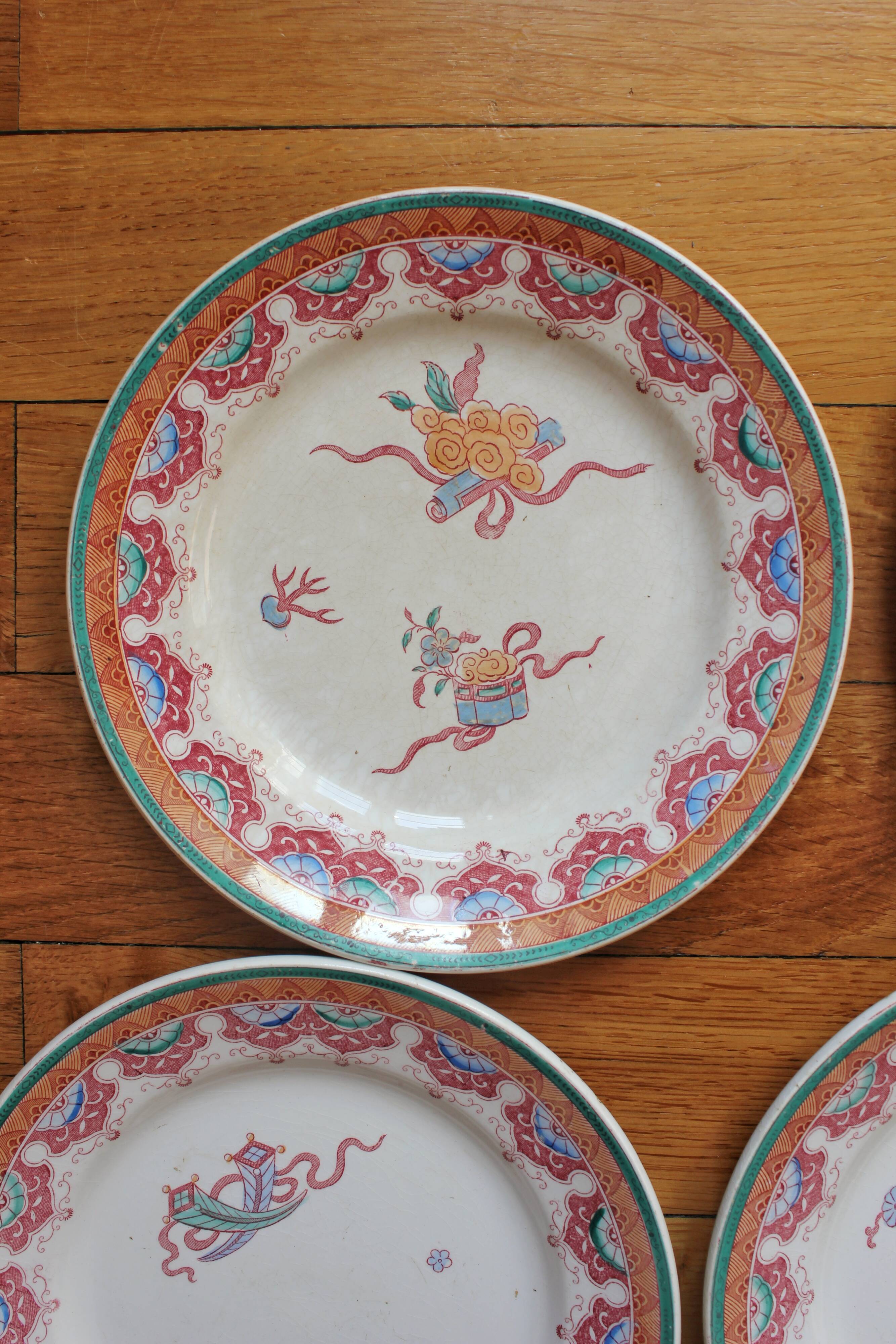 4 polychrome ironstone dessert plates, "Chinese" model, U&C Sarreguemines