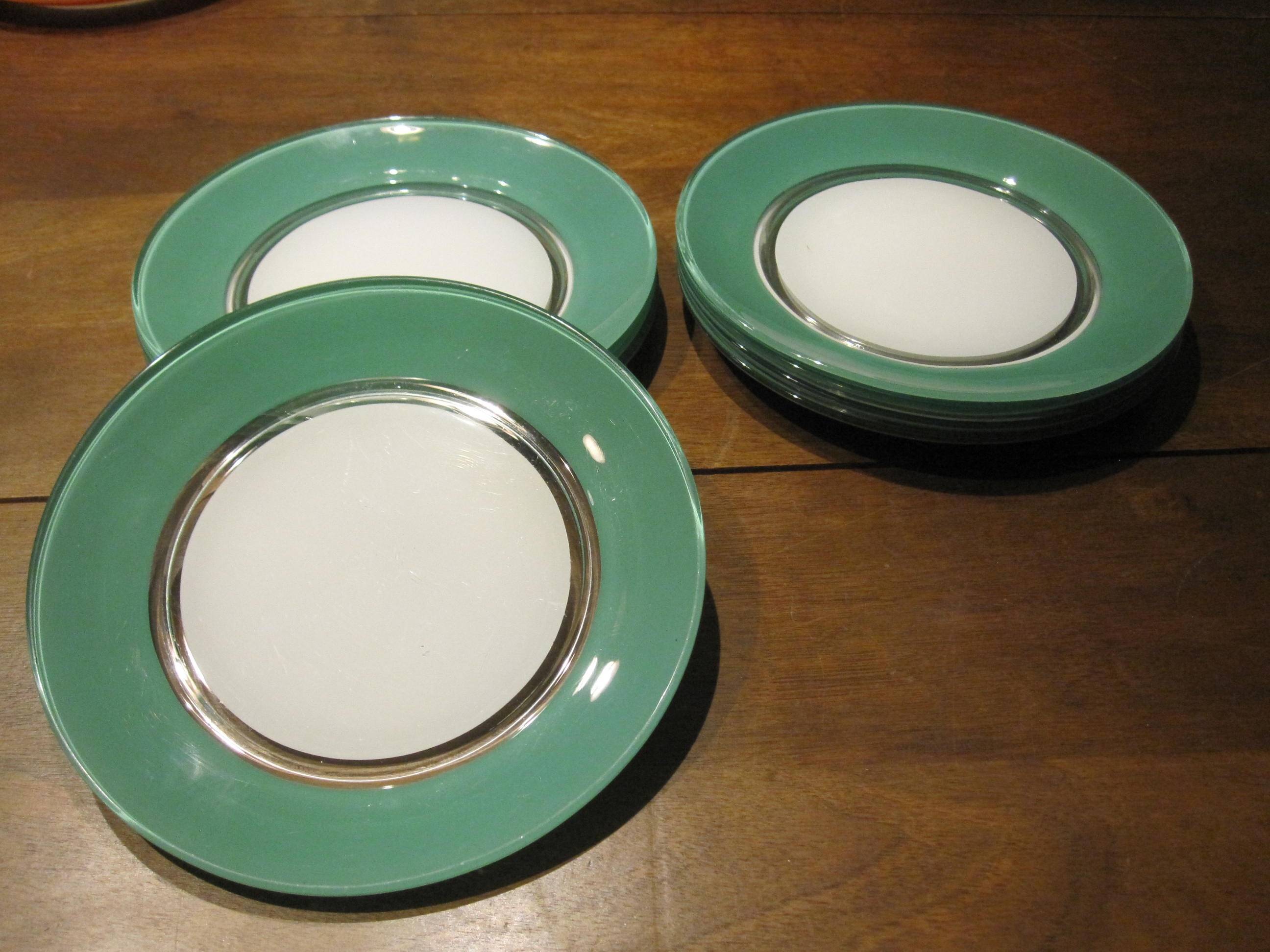 8 small vintage green and white duralex plates