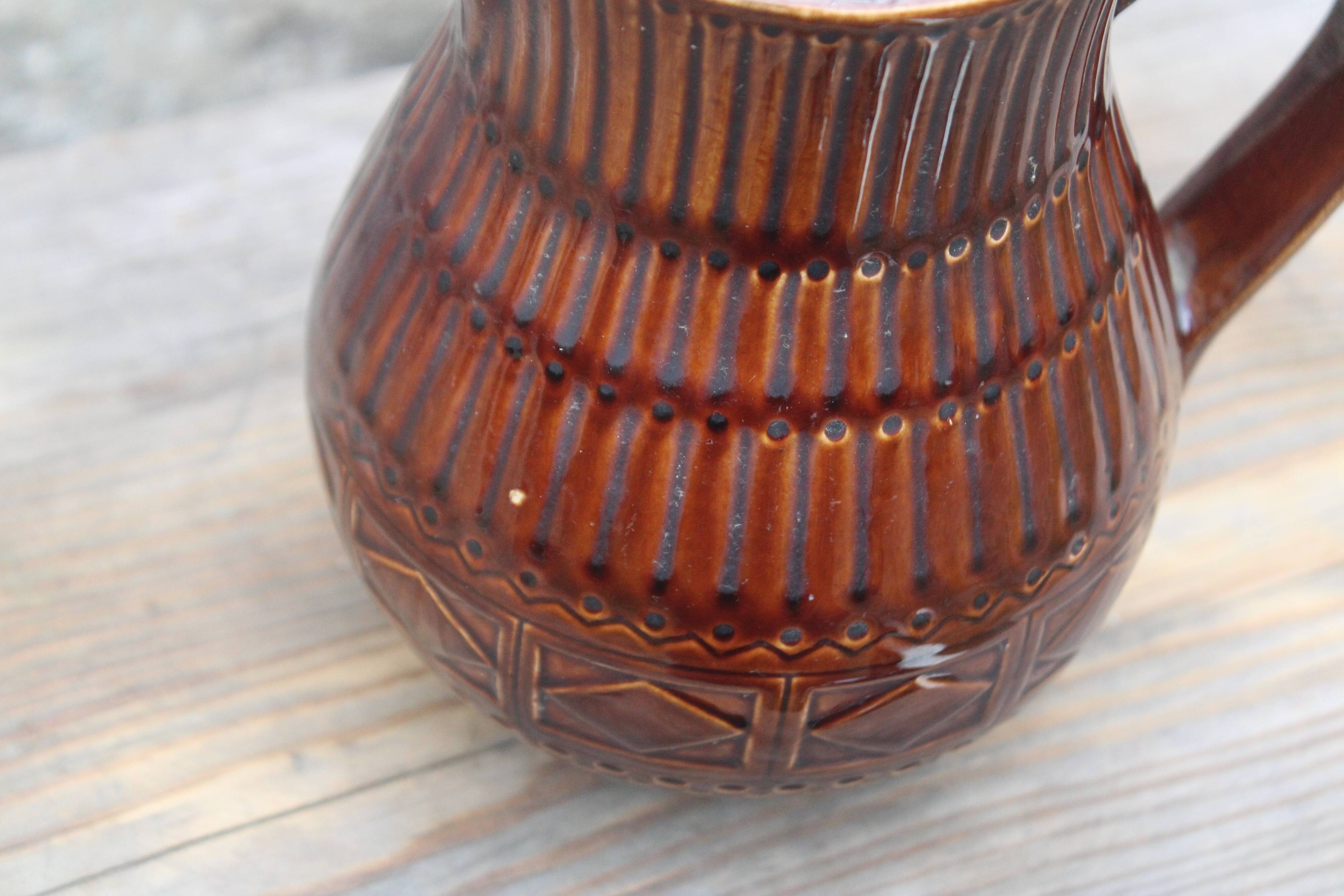 Superb vintage Digoin Sarreguemines pitcher in brown enamelled ceramic