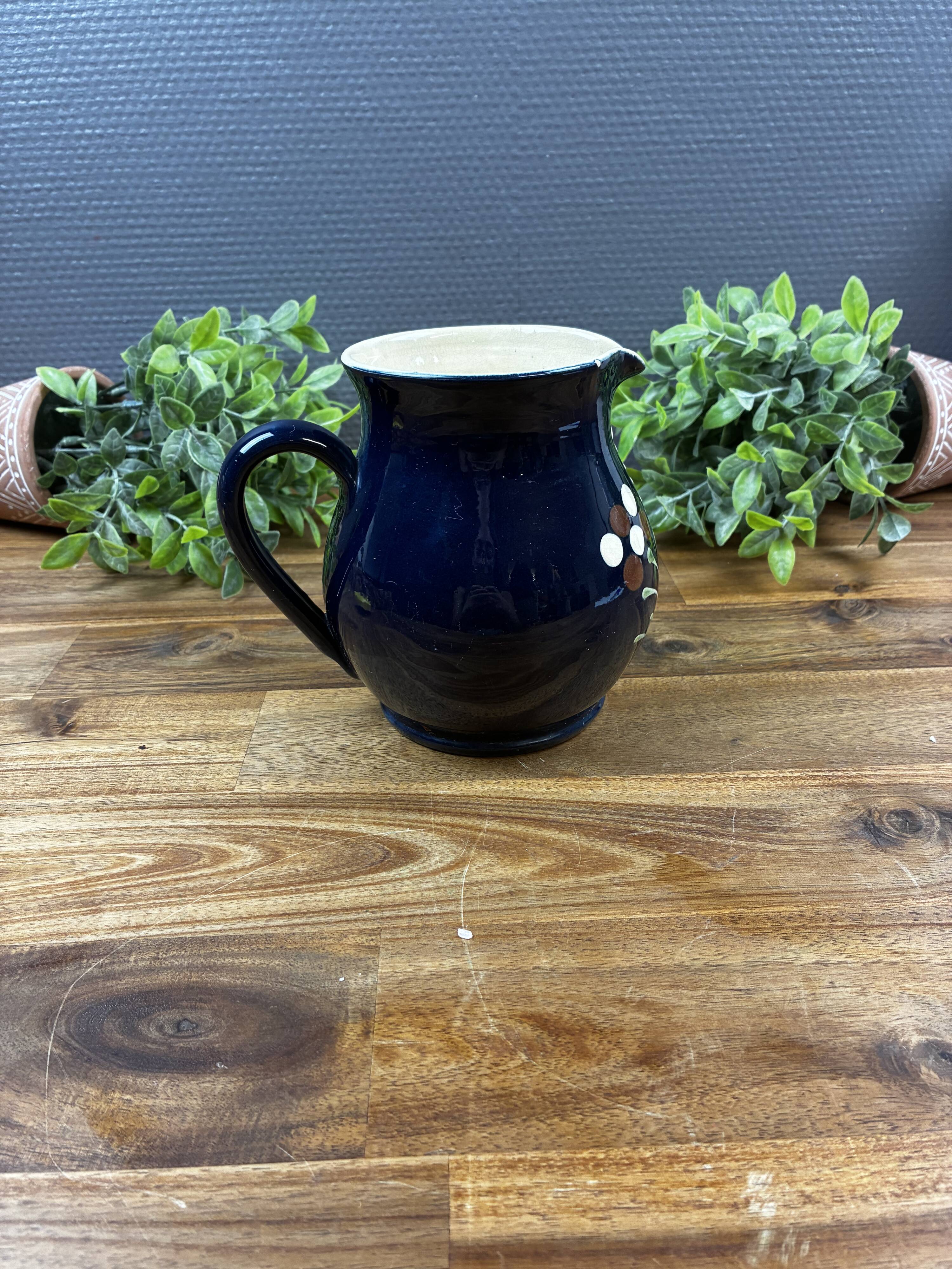 Night Blue Glazed Stoneware Jug with Floral Decoration
