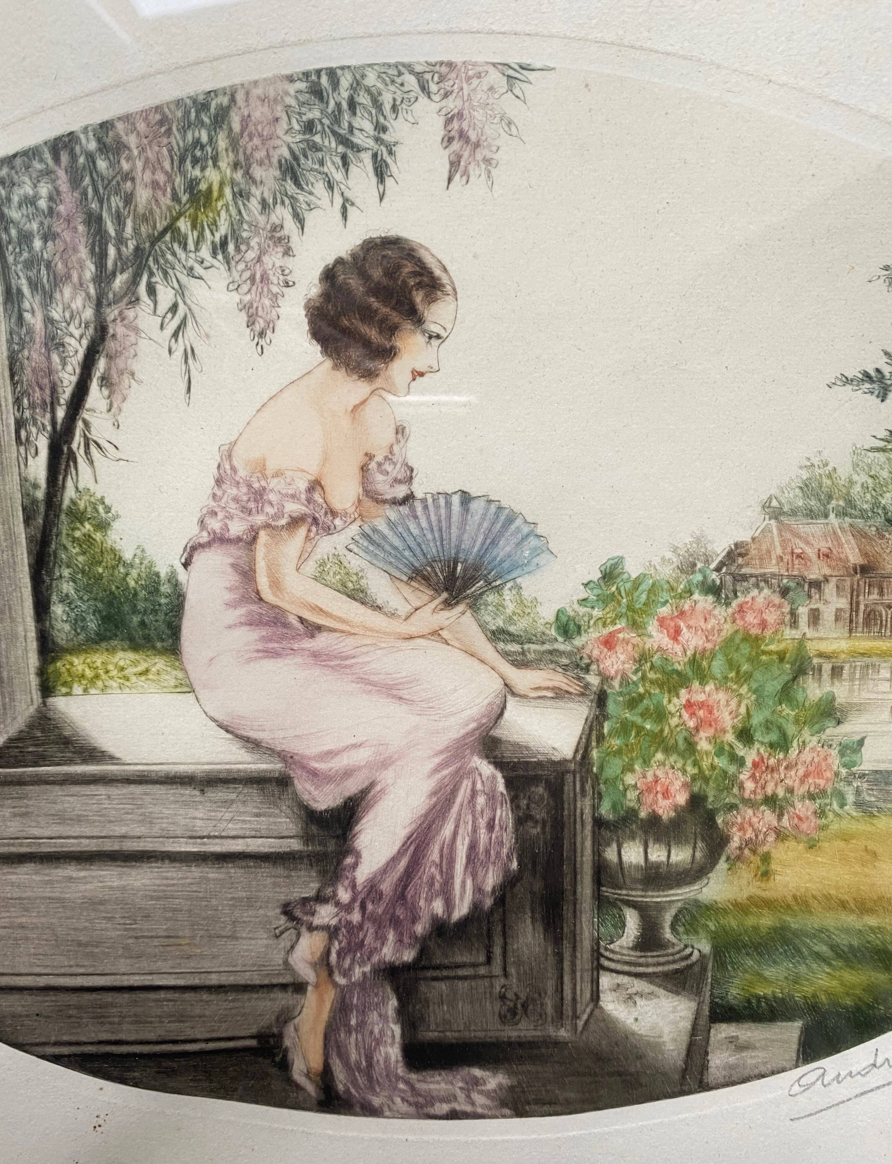 Painting (Art Deco, circa 1930) "Elegant to the fan and roses" signed André