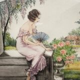 Painting (Art Deco, circa 1930) "Elegant to the fan and roses" signed André