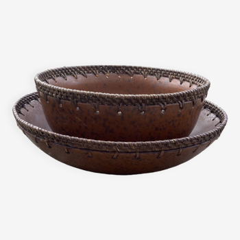 Set of 2 ceramic and wicker salad bowls