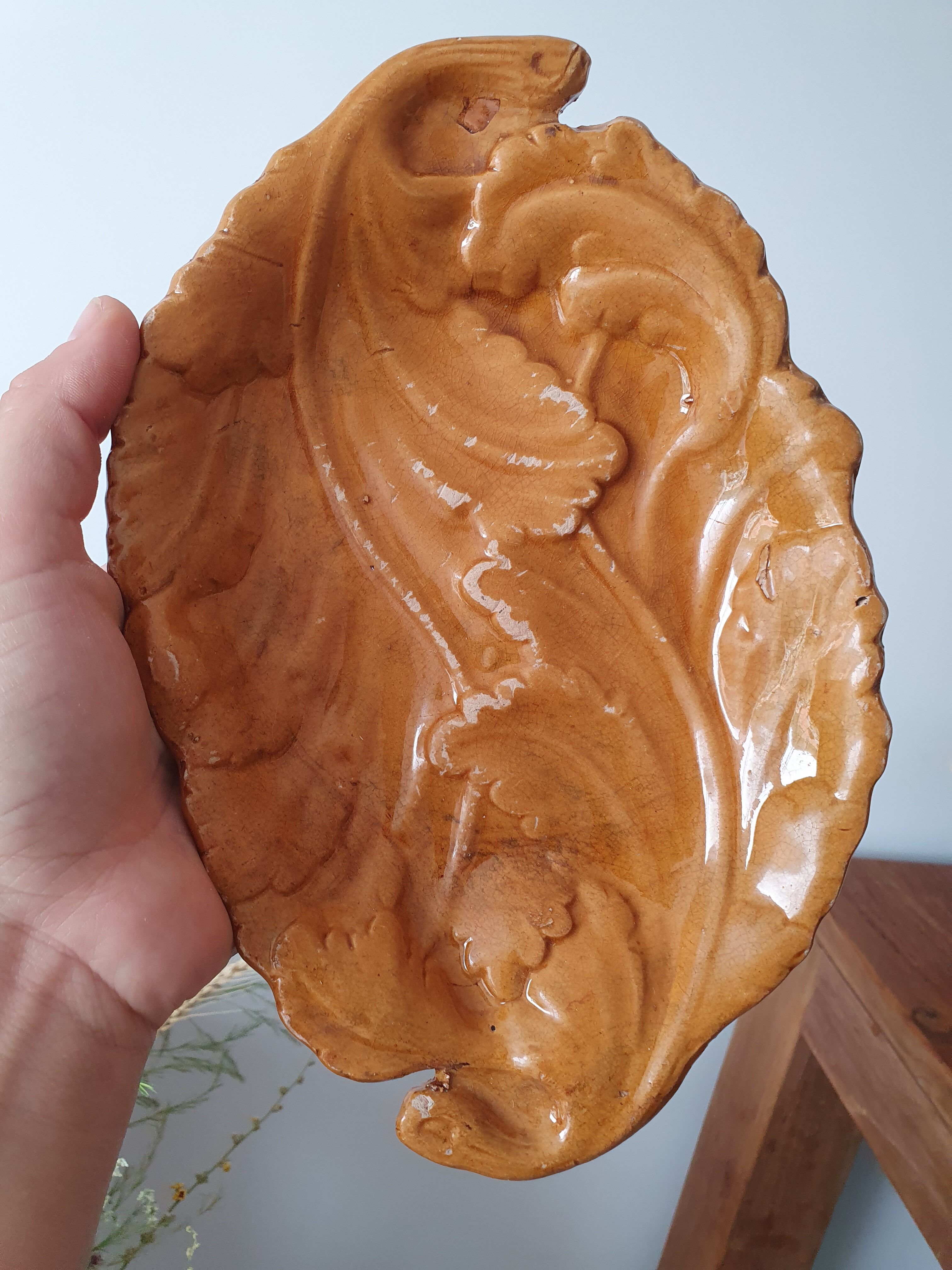 Empty pocket old ceramic sheets enamelled mustard yellow