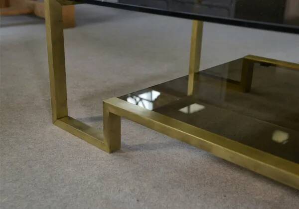 Designer coffee table with brass structure and black smoked glass, 1970s