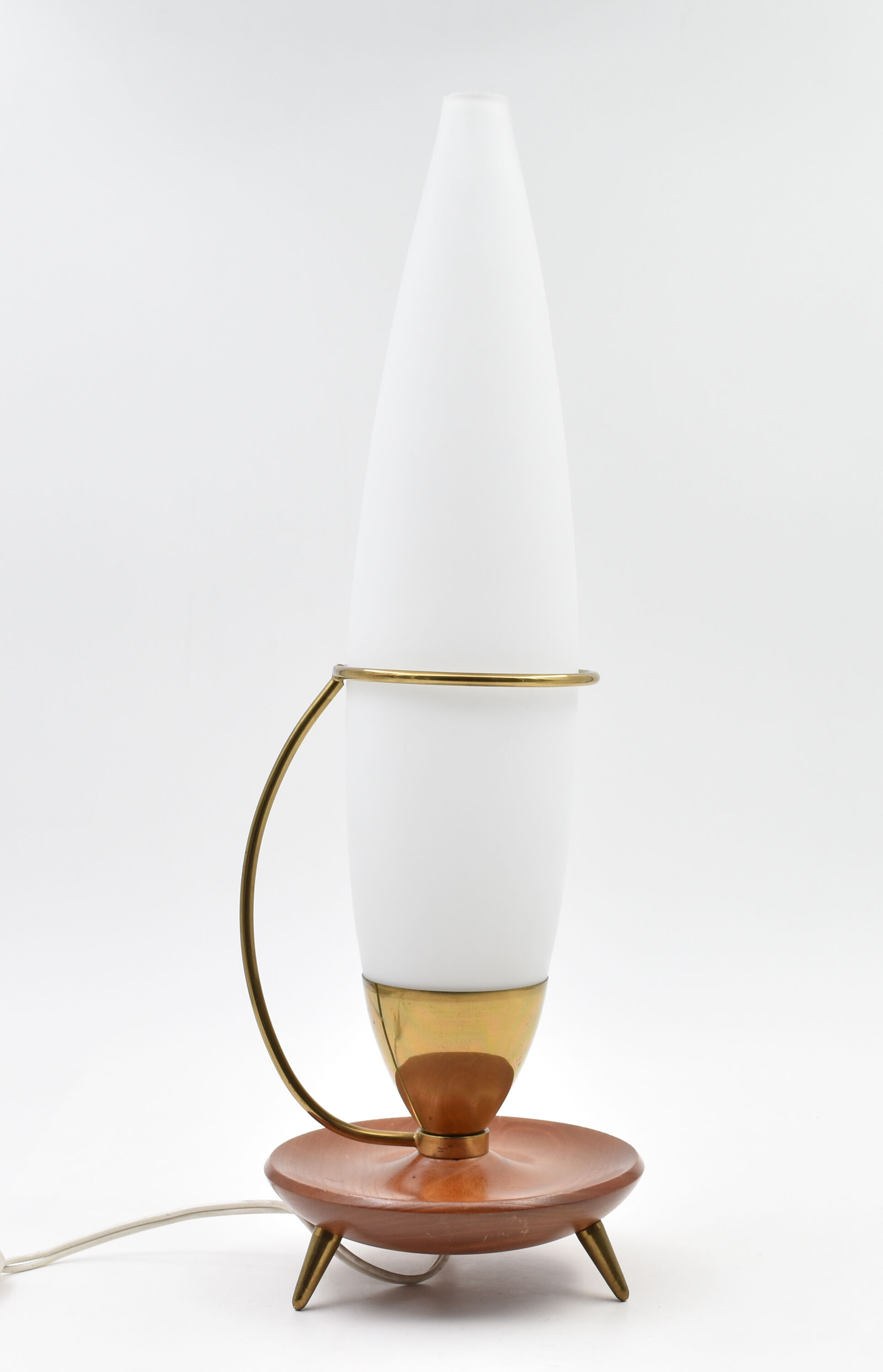 Lamp tripod vintage teak brass opaline