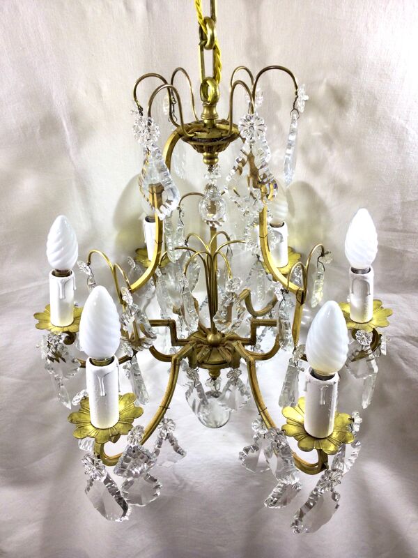 Lustre cage 6 lumières en bronze et cristal