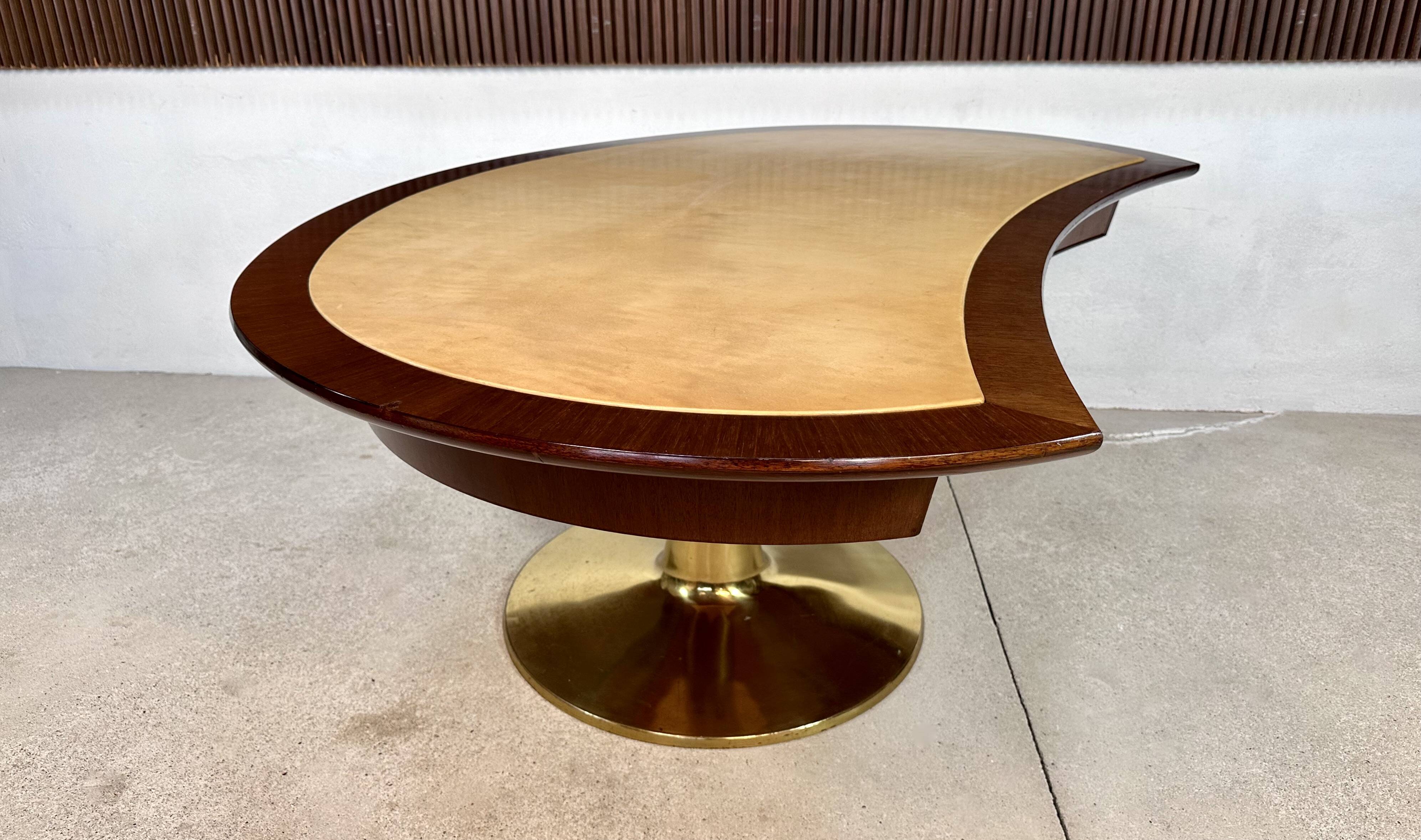 Large Italian Single Column Crescent-Shaped Desk in Goat Skin & Brass 1950s