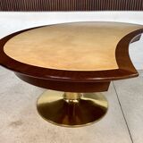 Large Italian Single Column Crescent-Shaped Desk in Goat Skin & Brass 1950s