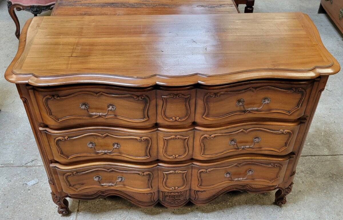 Louis XV style crossbow chest of drawers stamped in solid cherry wood