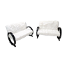 Midcentury faux white fur sofa with black wooden frame, italy