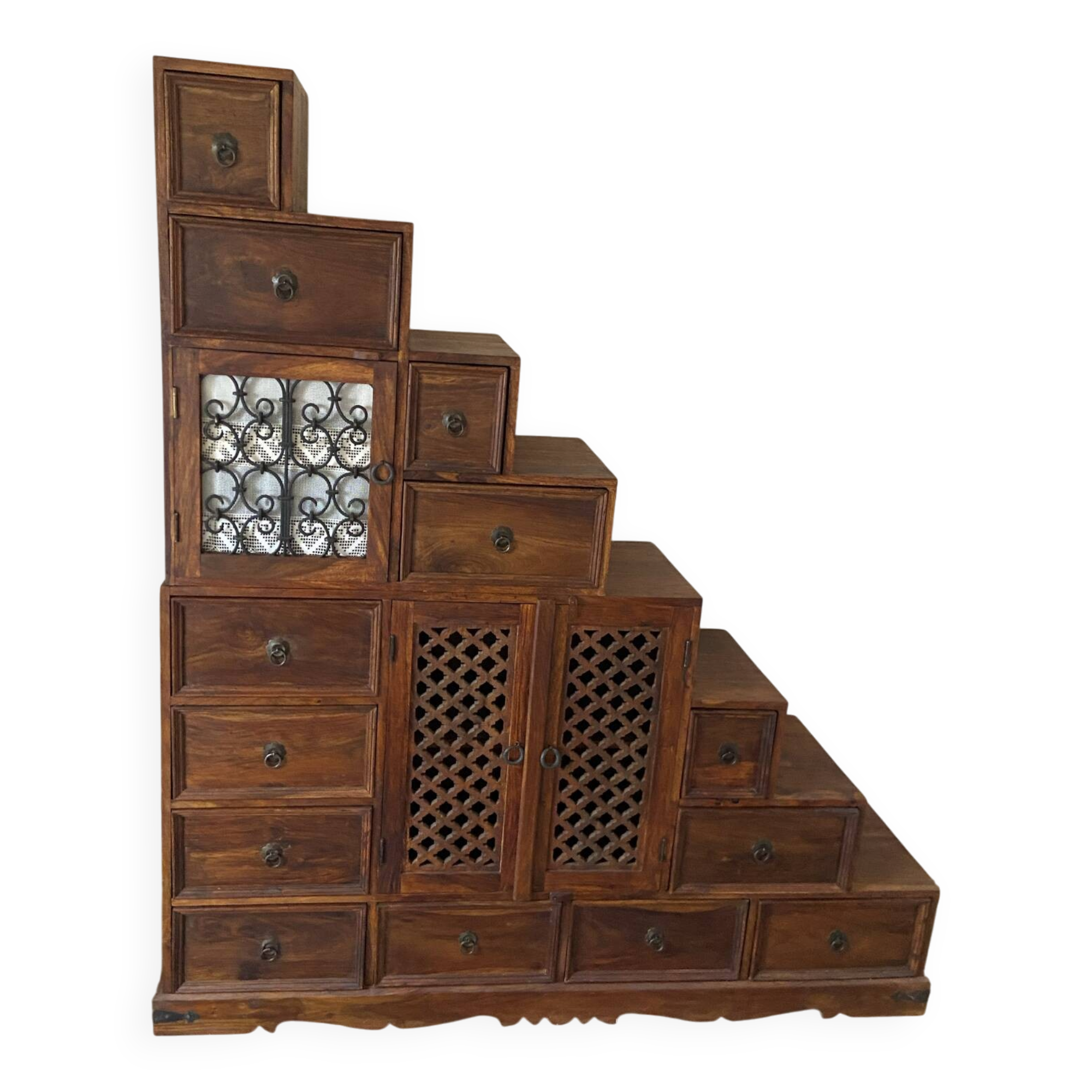 Indonesian staircase furniture in rosewood and wrought iron.