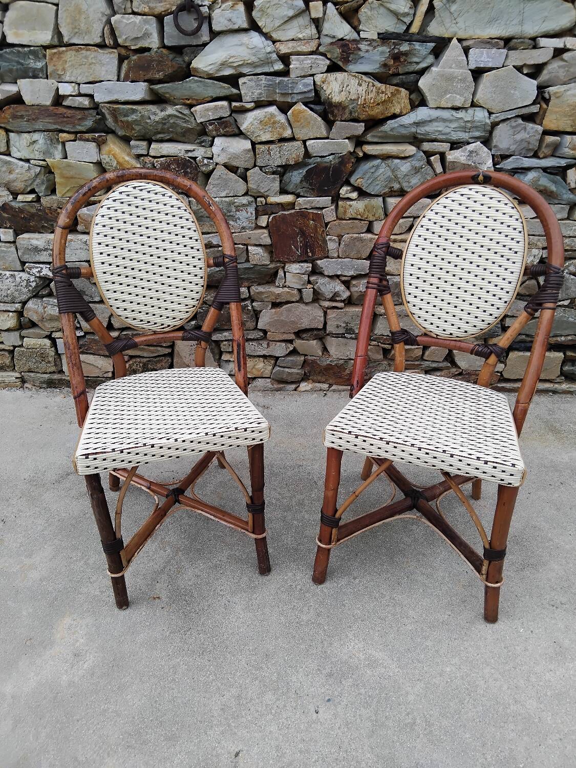Pair of Vintage Wooden and Woven Plastic Bistro Chairs
