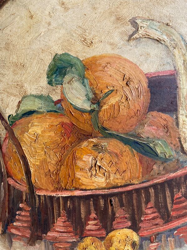Tableau ancien, nature morte à la théière et aux fruits, daté 1932 et signée