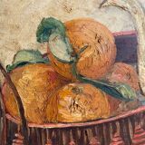 Old painting, still life with teapot and fruit, dated 1932 and signed