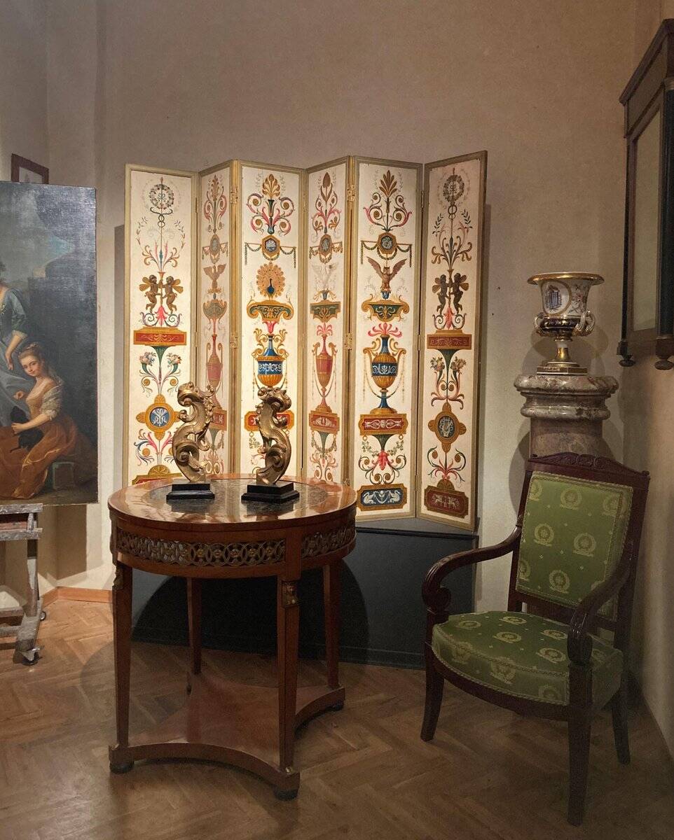 19th Century Italian Six-Panel Painted Wood Folding Screen in Gilt Bronze Frame