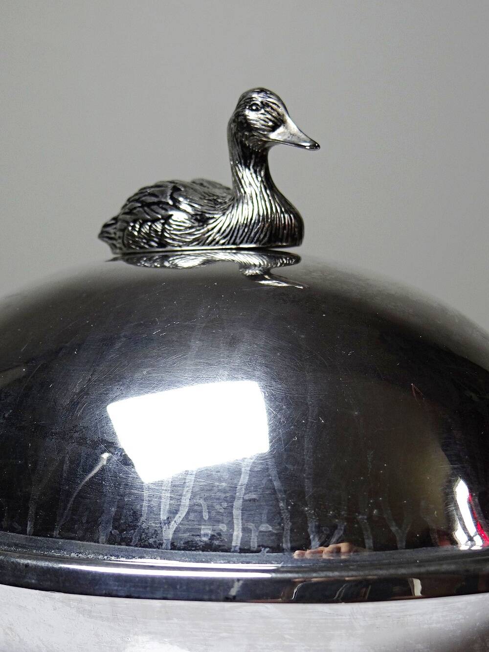 Vintage silver-plated foie gras bell duck handle from the 60s-80s.