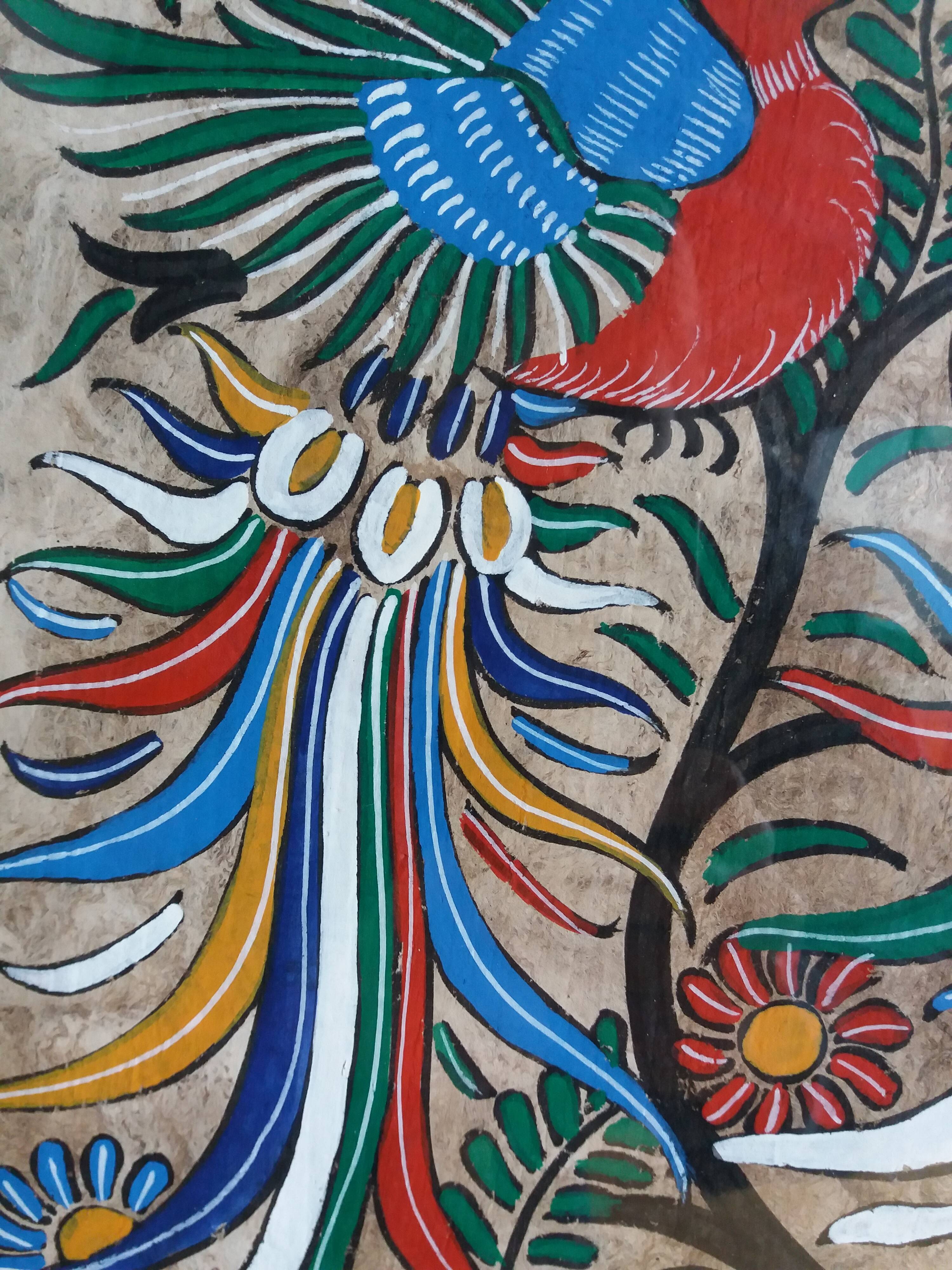 Painting on amate from Mexico, birds and flowers, framed