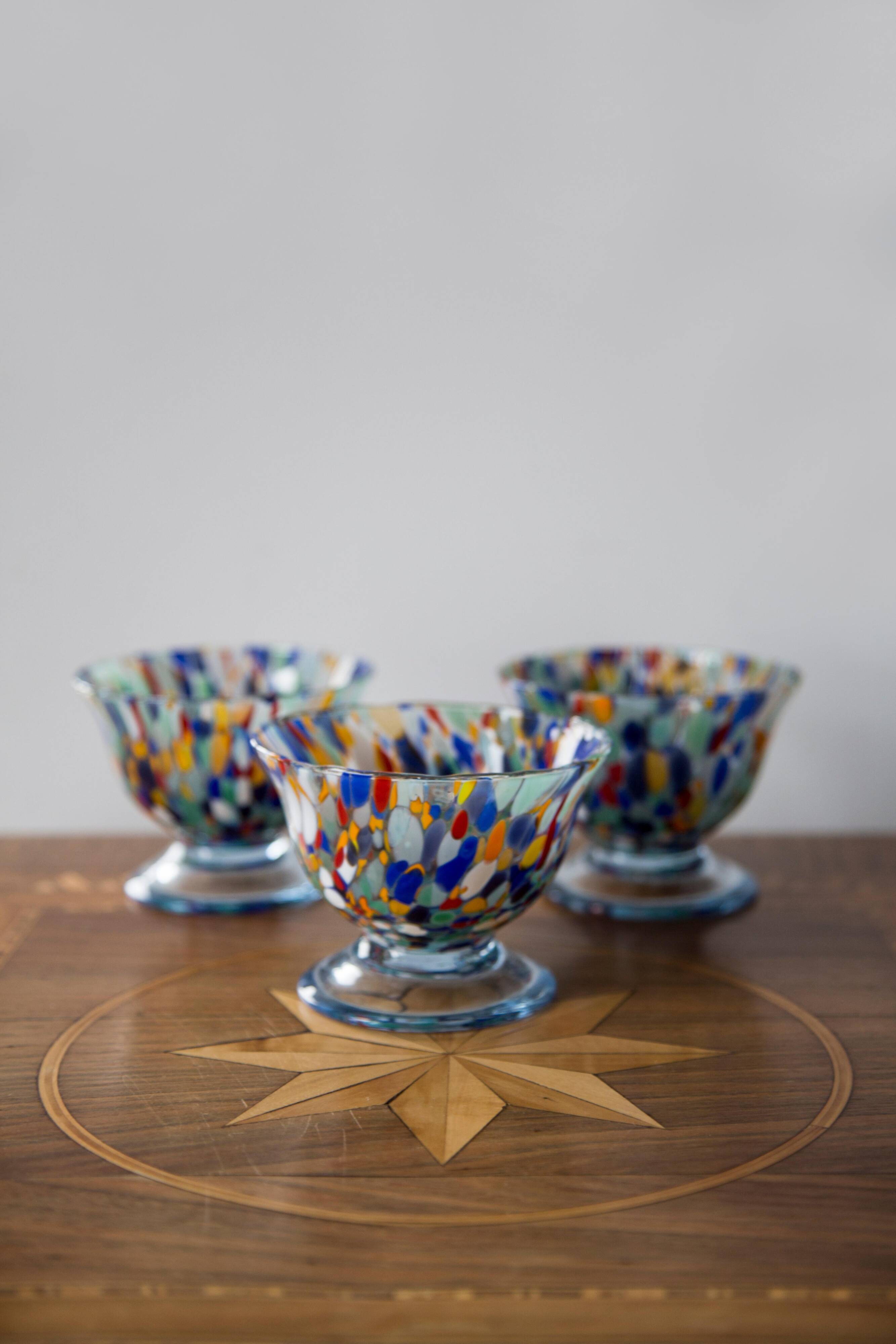 Set of three blue Murano glasses, ice cream bowls, Italy, Europe, 2000s