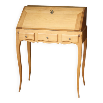 Bureau à pente en bois blond idéal pour le télétravail. Tiroir secret