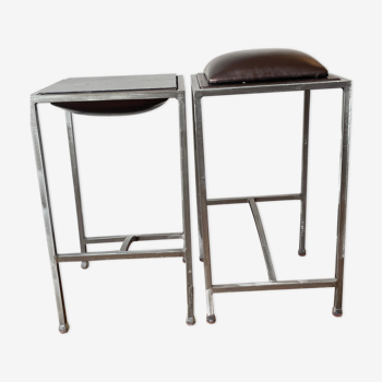 Lot de 2 tabourets recto verso acier brossé marron glacé - designer chantal peyrat