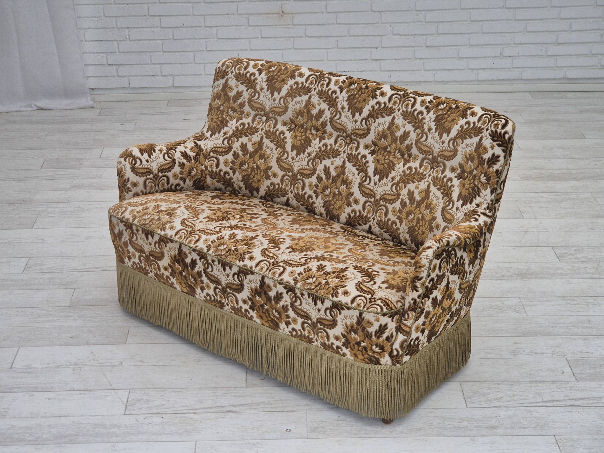 1960s, Danish 2-seater sofa, brown/beige furniture fabric, ash wood legs.