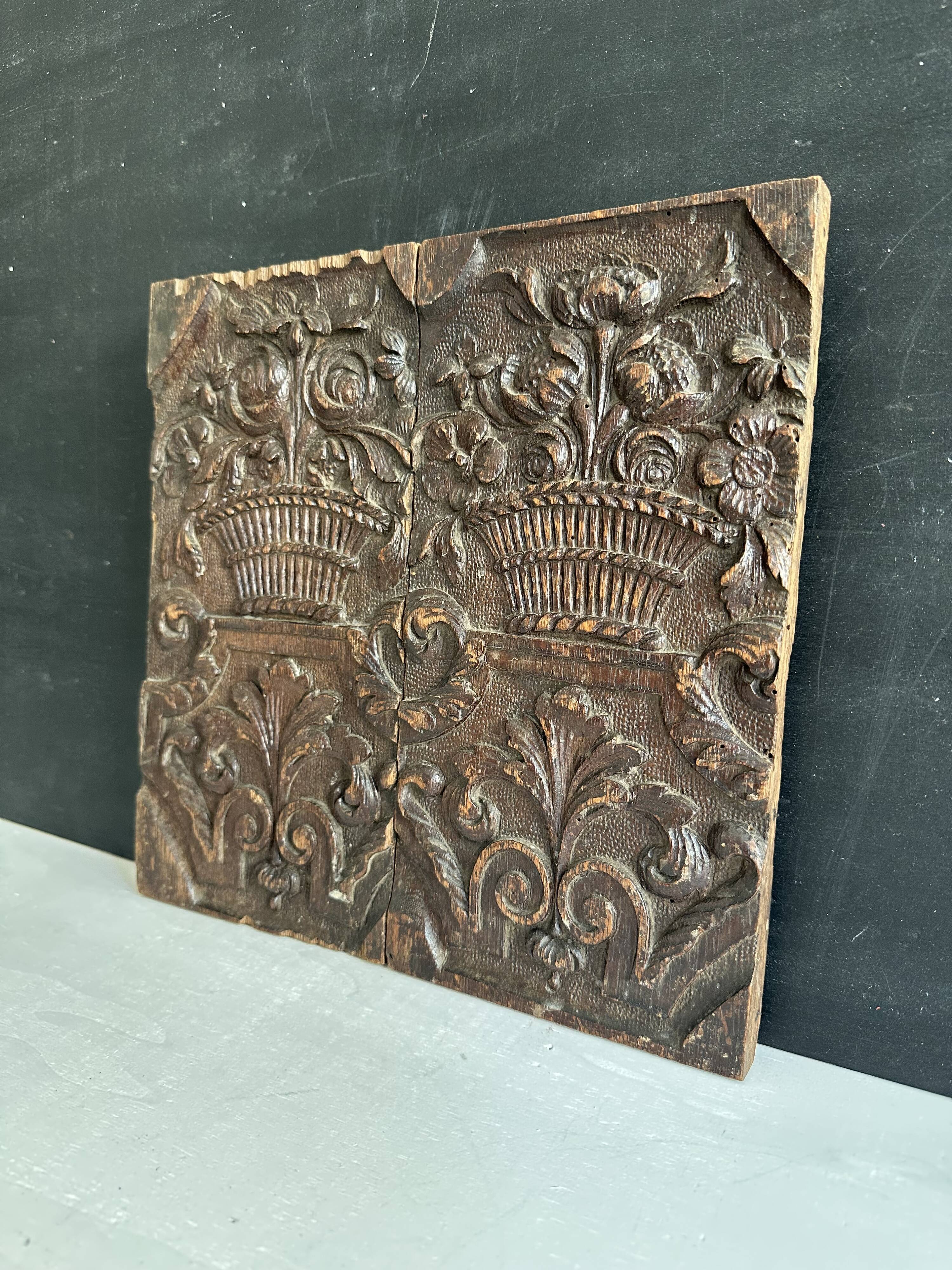 Pair of antique decorative panels in carved wood, 19th century