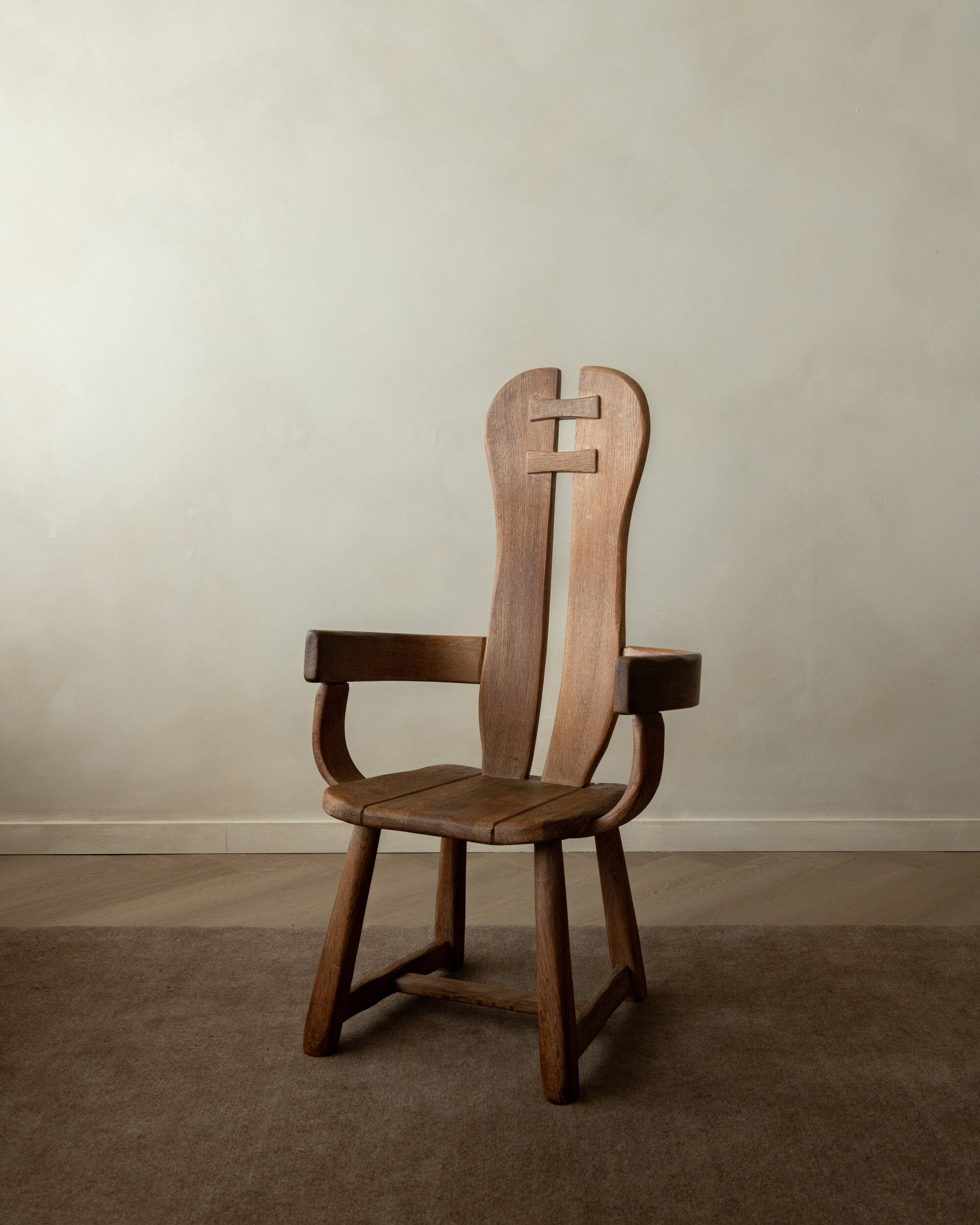 Brutalist Oak Armchair with Sculptural High Back by De Puydt, 1960s