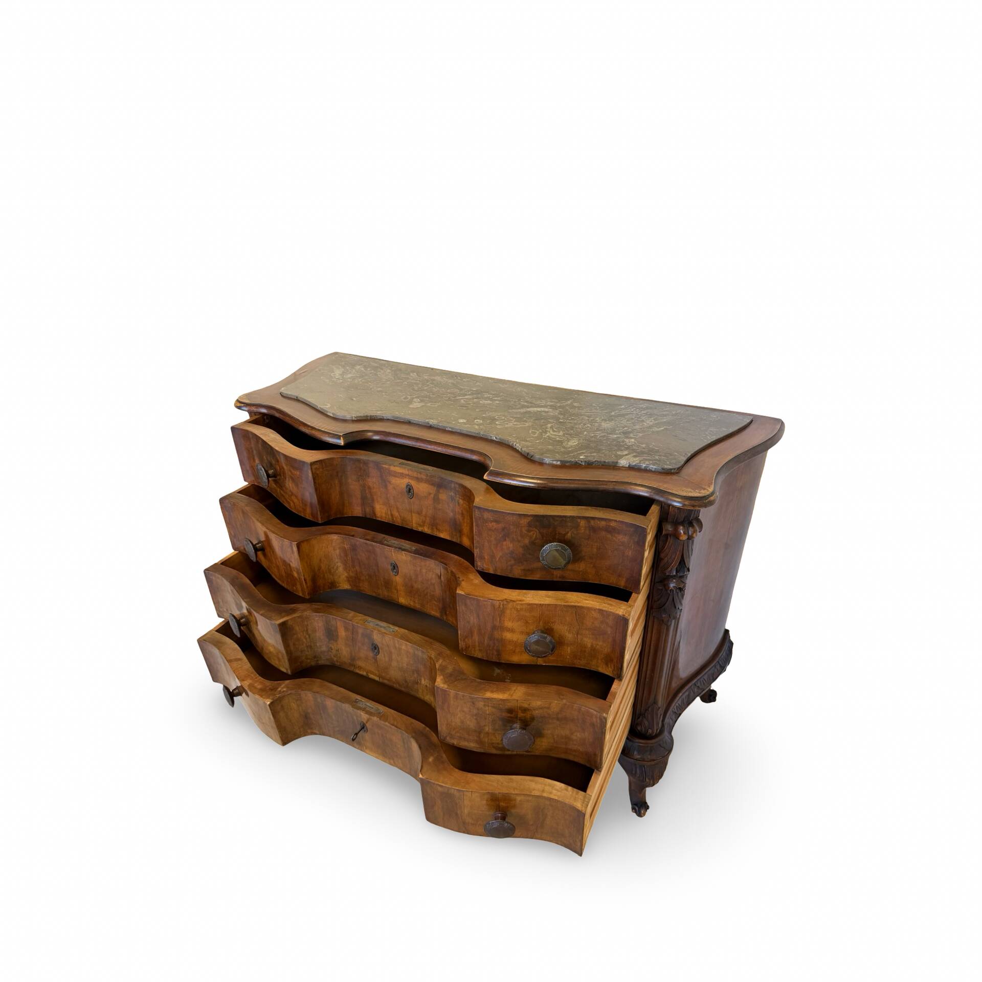 serpentine commode in antique walnut