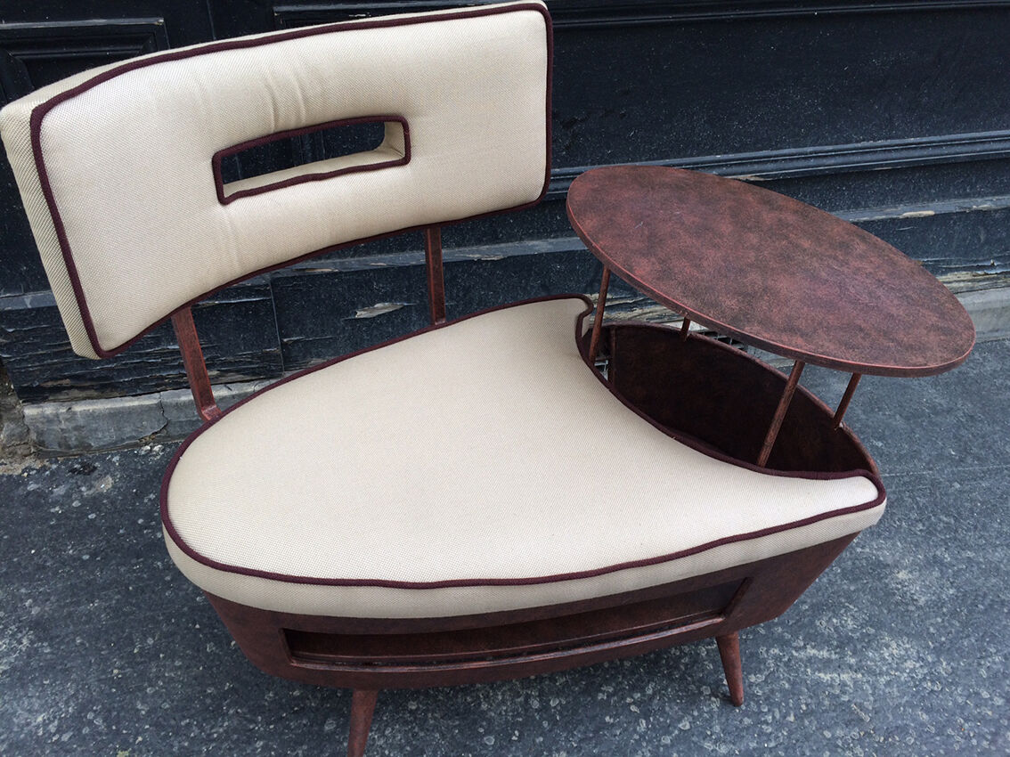 Mini-bench with shelf, antique metal and fabric, 1960