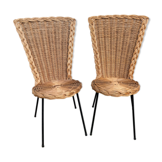 Pair of rattan foot black metal chairs