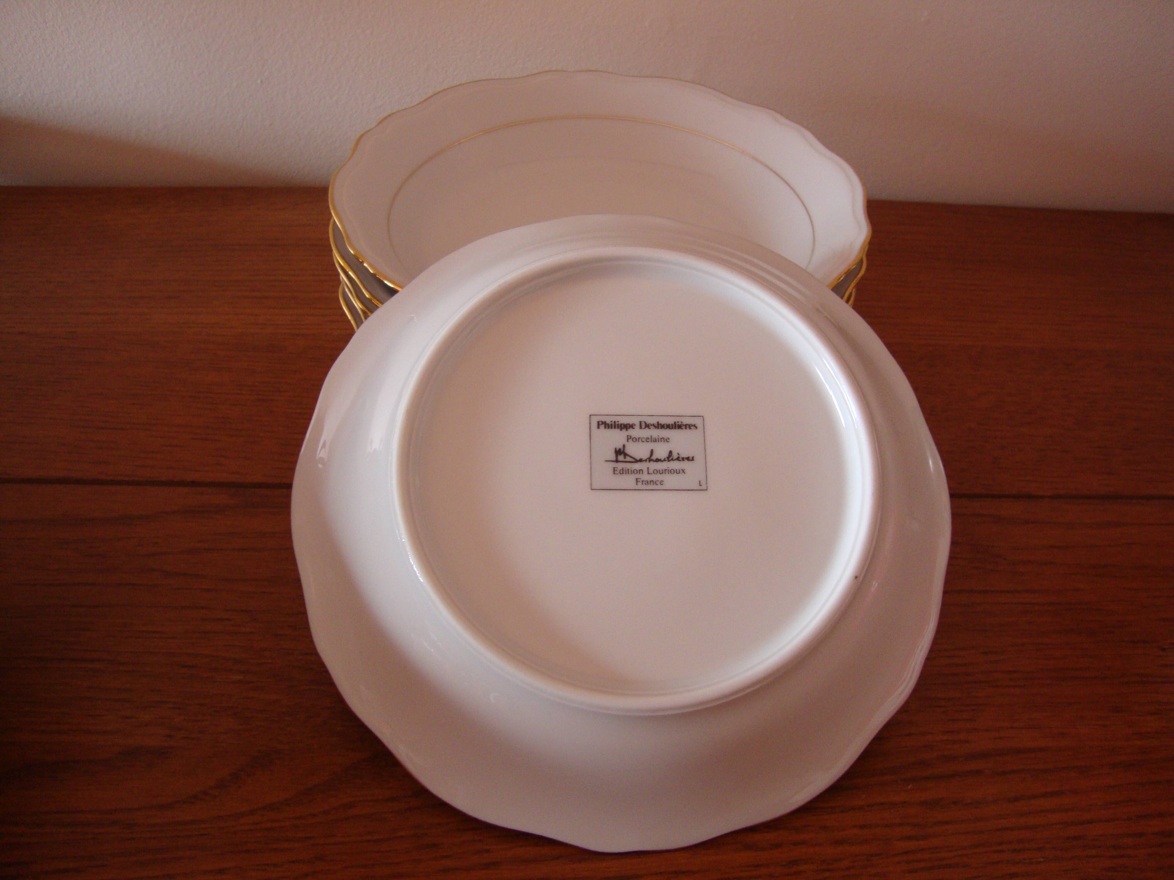 6 Hollow plates in fine white porcelain signed Ph. Deshoulières golden scented edges