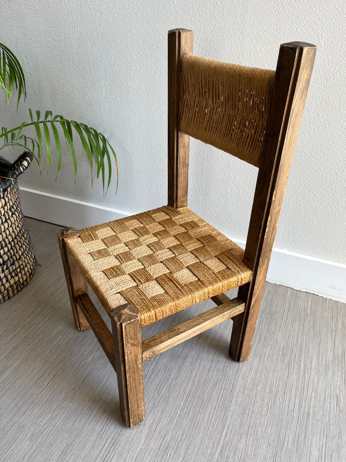 Vintage children's chair wood and rope by Audoux and Minet