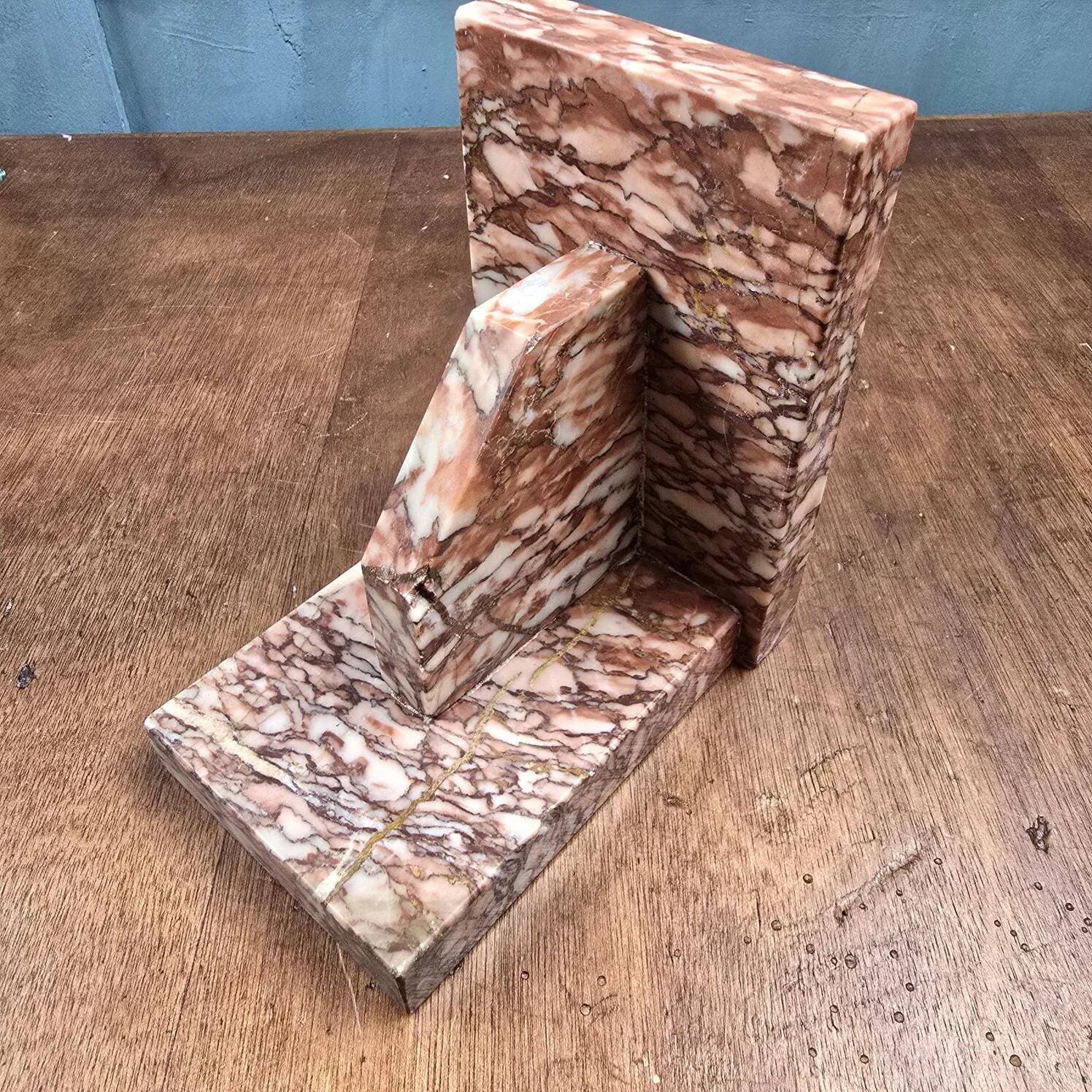 Antique pink marble bookends – Vintage Art Deco pair