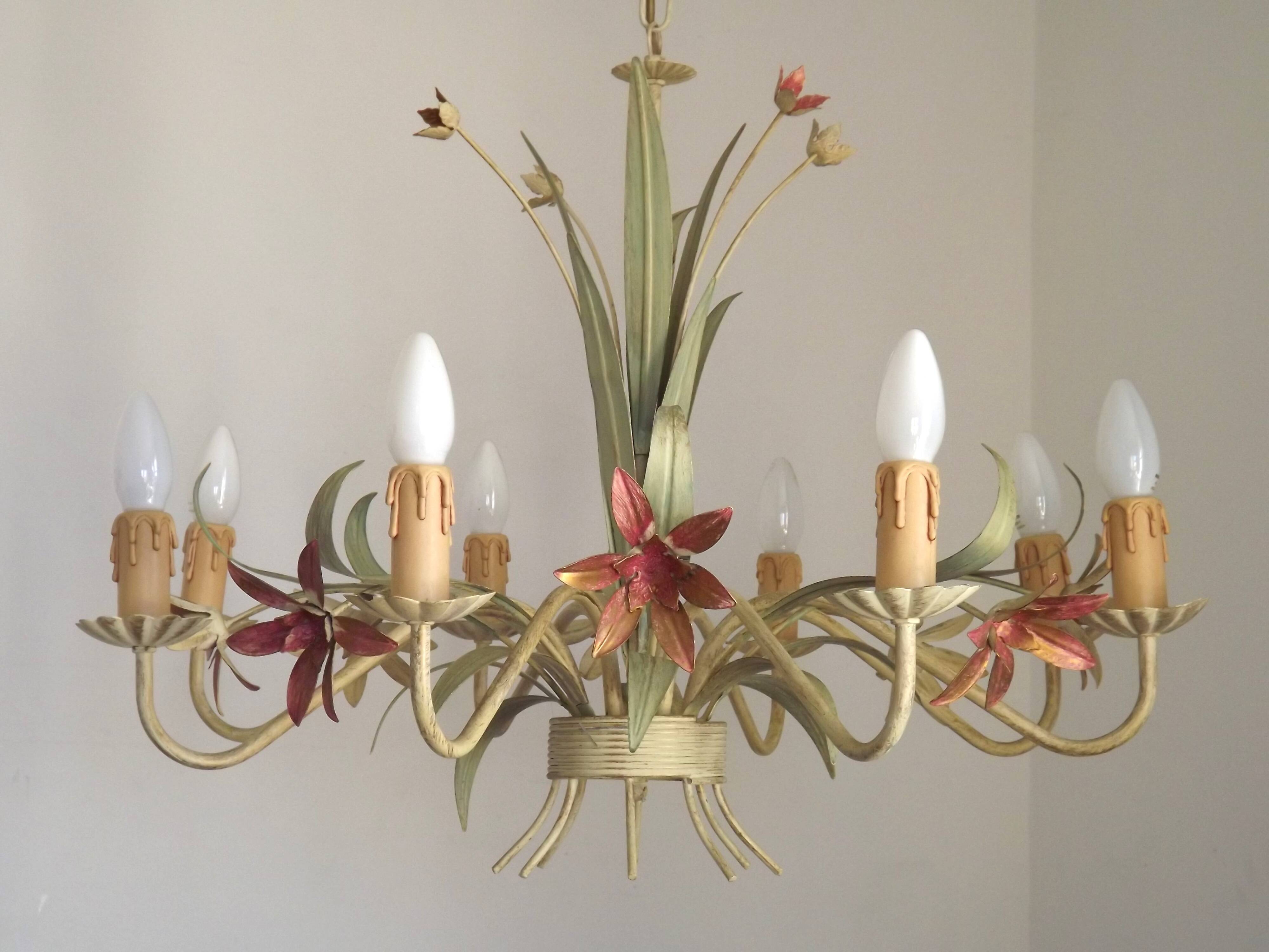 Italian vintage metal chandelier with 8 lights, Mathias bouquet, pink flowers.