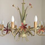 Italian vintage metal chandelier with 8 lights, Mathias bouquet, pink flowers.