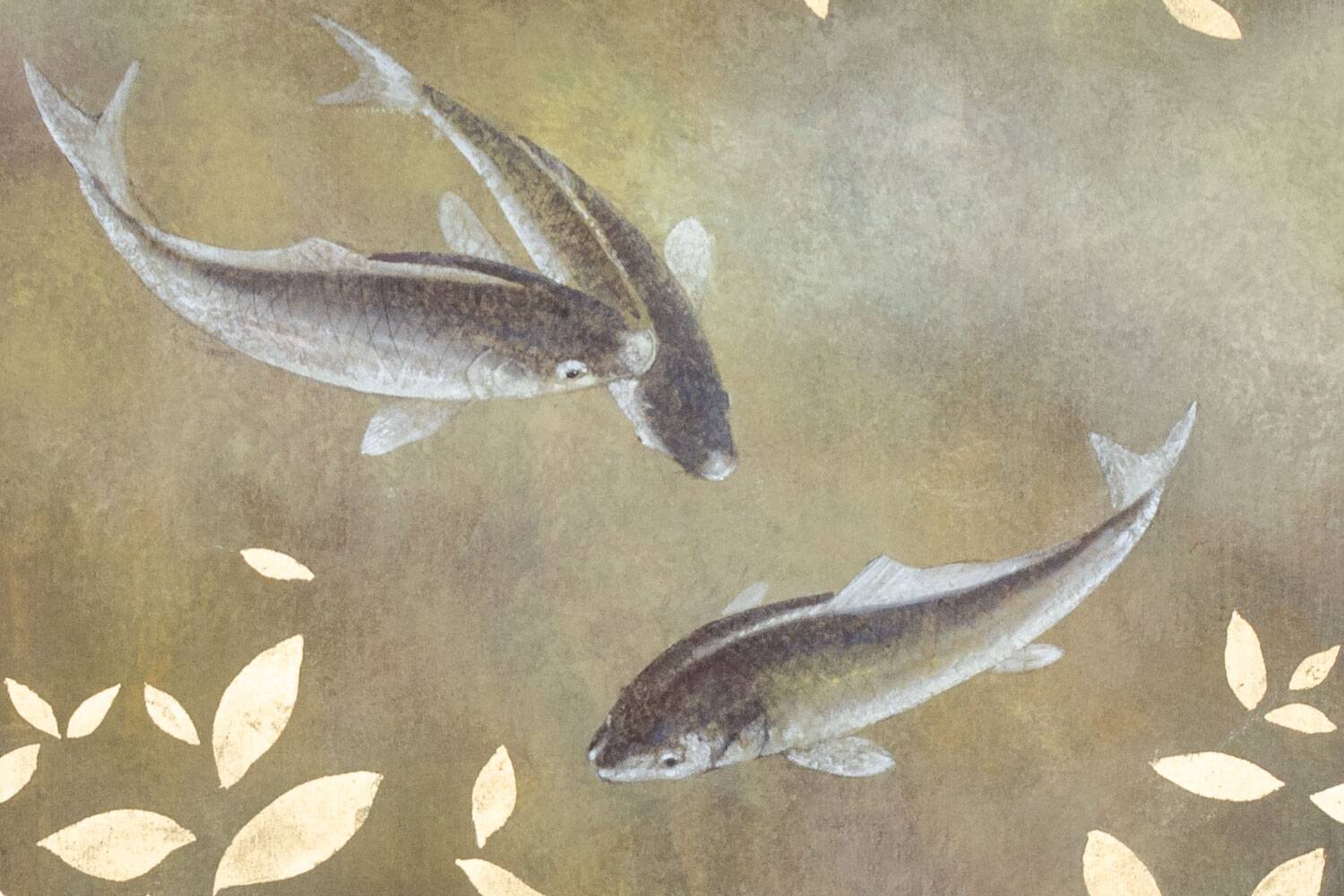 Painted canvas depicting carp. Contemporary work.