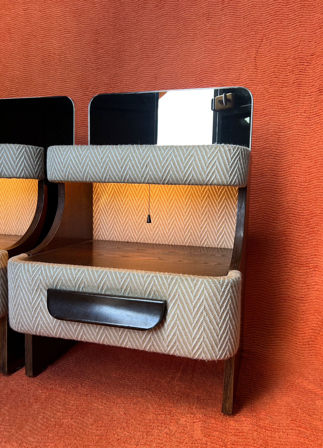 SET OF 2 VINTAGE 1970S NIGHTSTANDS/SOFA ENDS IN WOOD AND FABRIC