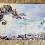 Watercolor Maurice Perronnet (1877-1950) Wave breaking against a rock