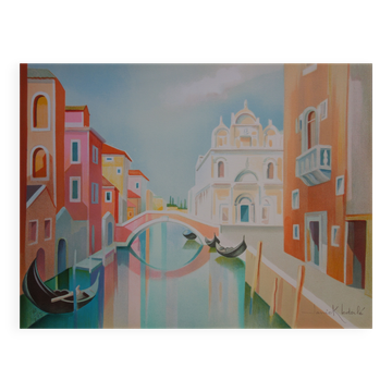 Janick Lederle : Gondoles à Venise, Lithographie originale signée