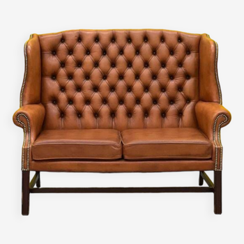 English Georgian Style Tufted Leather Chesterfield Wingback Two Seater Sofa