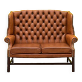 English Georgian Style Tufted Leather Chesterfield Wingback Two Seater Sofa