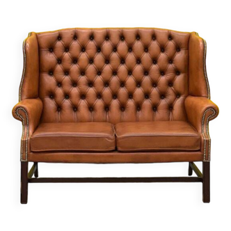 English Georgian Style Tufted Leather Chesterfield Wingback Two Seater Sofa