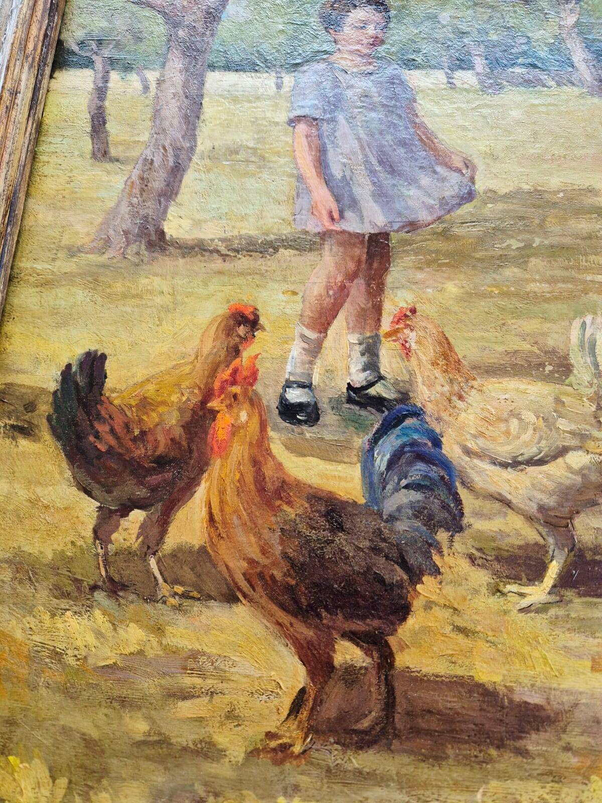 Oil Painting on Canvas "Children at the Farm" Signed Lo Presti - Gilded Frame