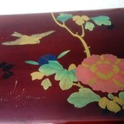 Old lacquered wooden box with china or japan decoration, bird and flower